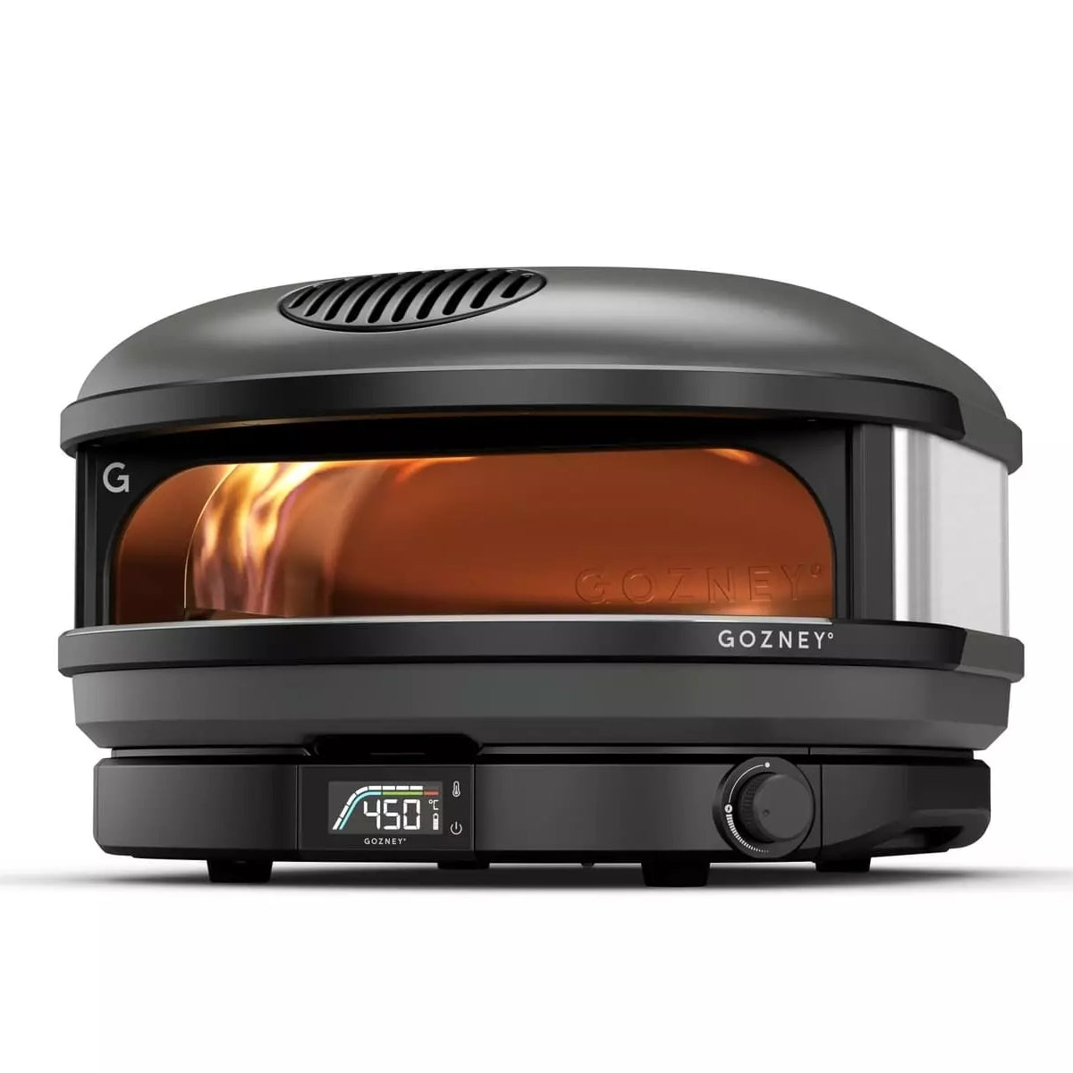 Gozney Arc XL - Off Black - 16" Gass Pizzaovn har et digitalt display på 450°F og en synlig flamme i stekekammeret - ideelt for baking av autentisk napolitansk pizza.