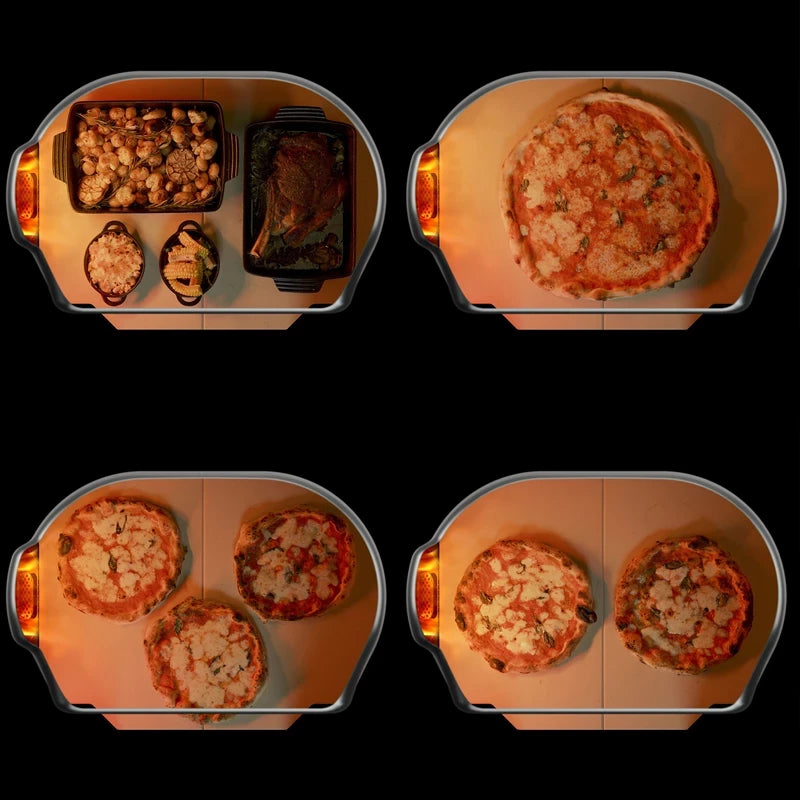 Fire bilder viser interiøret i Gozney Dome Gen 2 XL - Off Black - Multi Fuel Pizzaovn: forskjellige matbrett, en enkelt pizza, to pizzaer og tre pizzaer som baker - ideelt for ethvert utekjøkken.