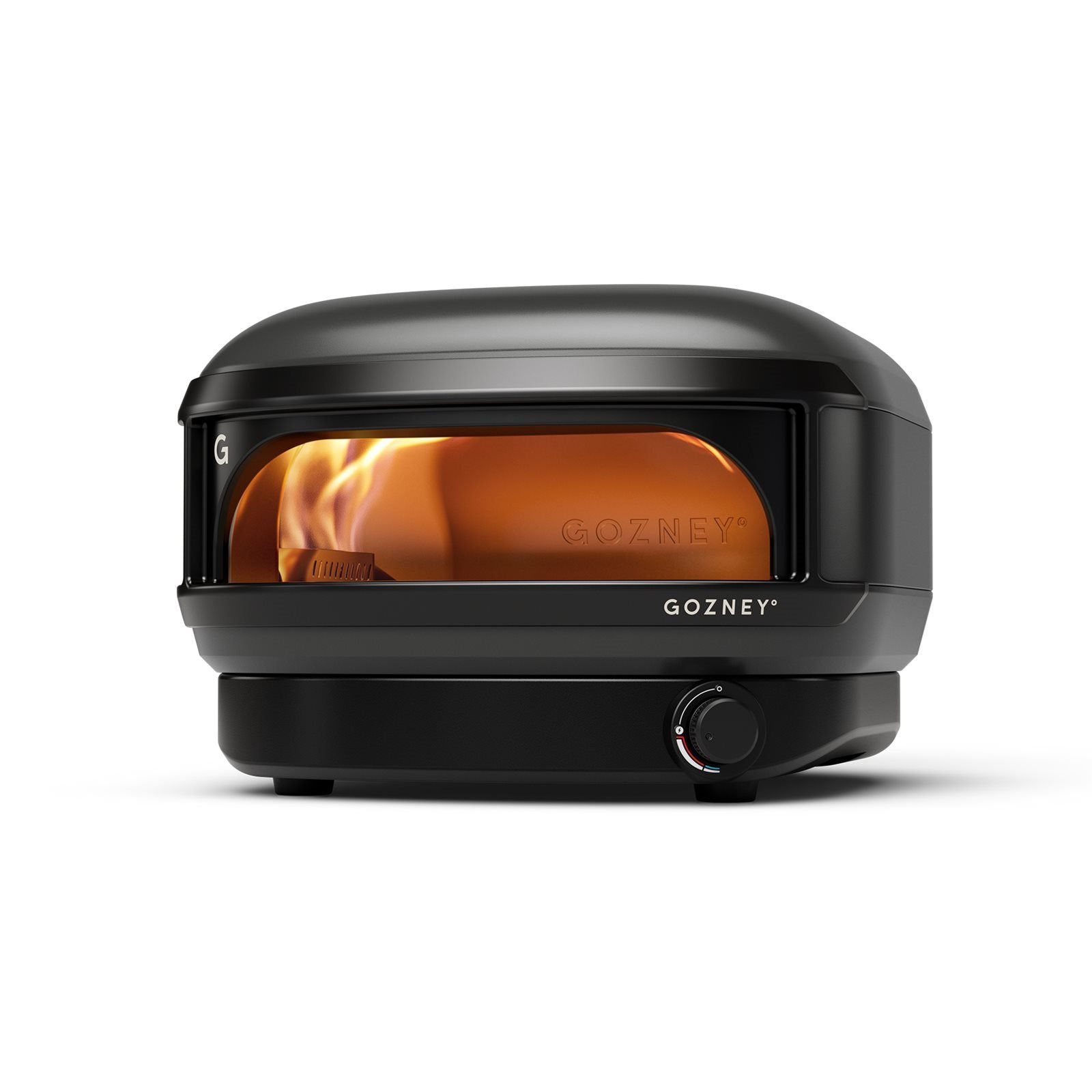 Gozney Arc Lite, Sort - Pizzaovn med synlig flamme og frontkontroll, vist mot hvit bakgrunn-perfekt som en kompakt ovn til hjemmet.