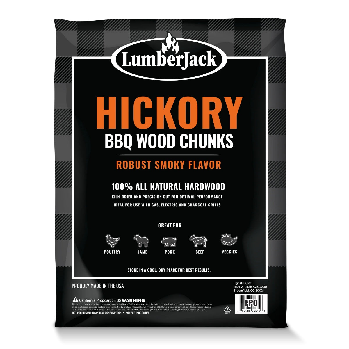 LumberJack Hickory BBQ Wood Chunks - 100 % naturlig løvtre for klassisk røyksmak, perfekt til røyking av kjøtt som fjørfe, lam, svin, storfekjøtt og grønnsaker.