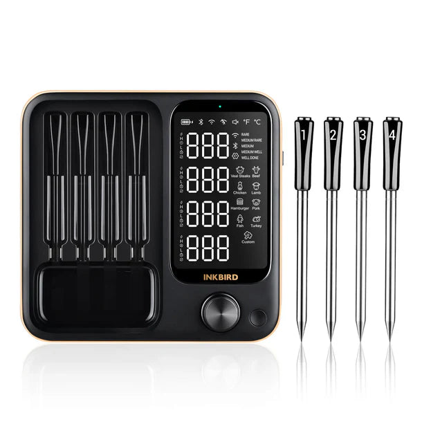 Inkbird INT-14-BW Trådløs WiFi Grilltermometer har fire nummererte sonder og et LCD-display for presise temperaturmålinger og trådløs overvåking, noe som gjør det ideelt for nøyaktig matlaging.
