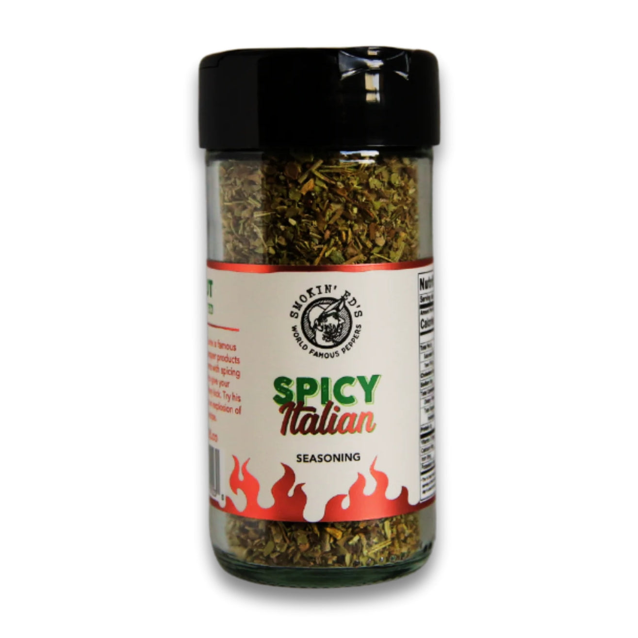 En gjennomsiktig krukke med Smokin' Ed's Spicy Italian Seasoning fra PuckerButt Pepper Company med svart lokk, med en blanding av kraftige urter, krydder og Pepper X for ekstra varme. Perfekt for å gi en krydret vri på dine italienske favorittretter.