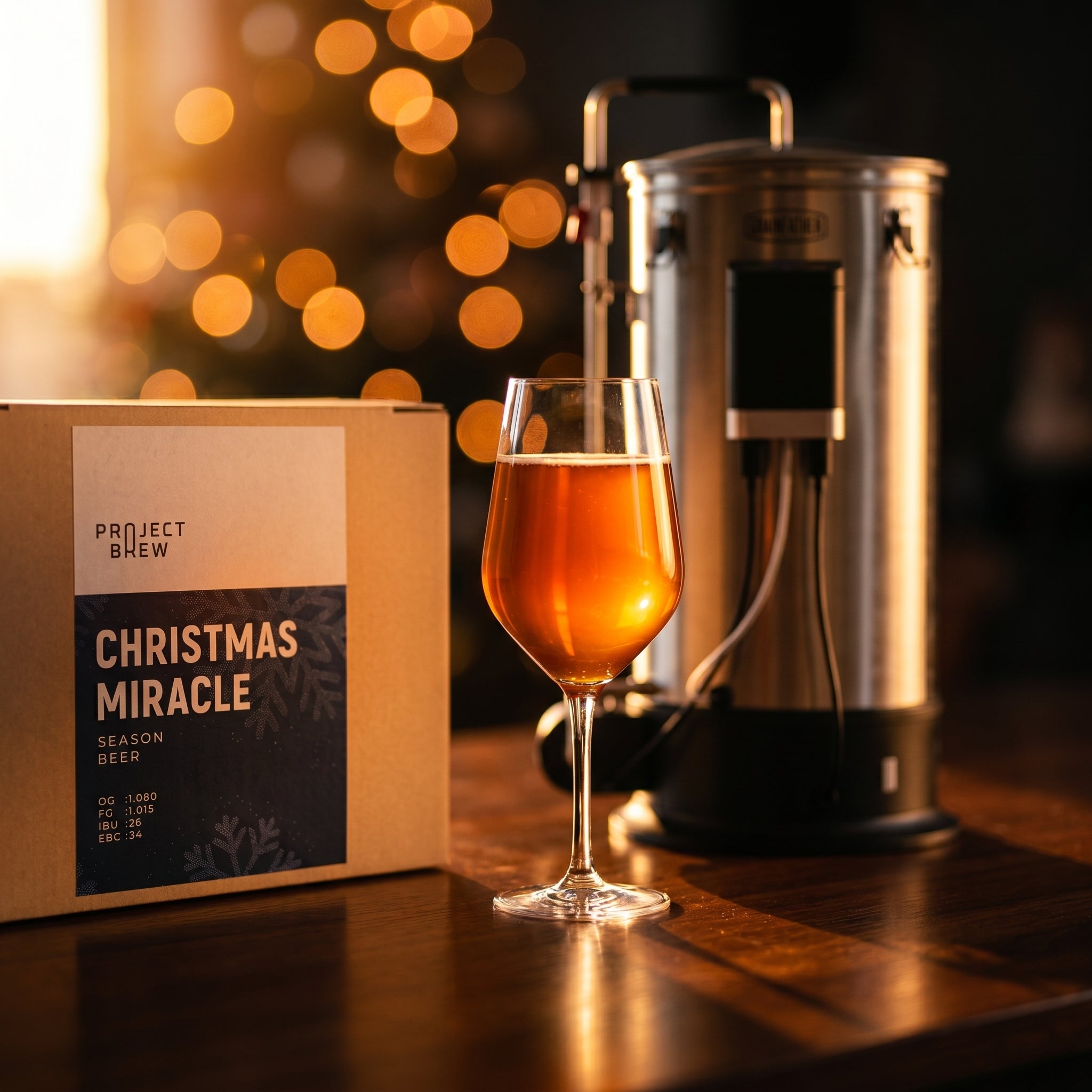 Et glass ravfarget juleøl hviler ved siden av julemirakelet - ølsett med et uskarpt juletre i bakgrunnen.