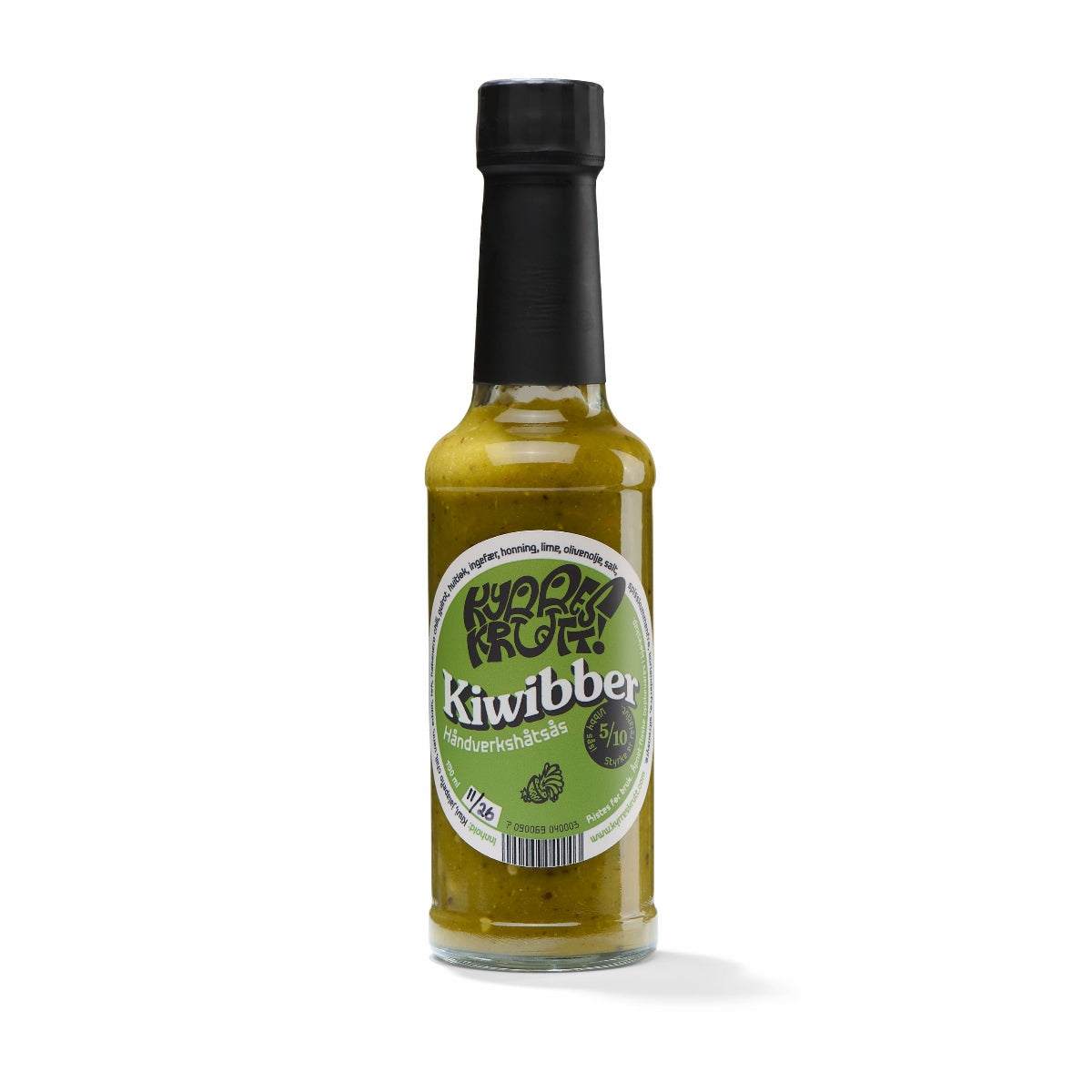 En flaske Kiwibber - Frisk Salsa Verde med Kiwi | Kyrres Krutt med grønn etikett, svart lokk og en levende grønn saus inni, fotografert mot en hvit bakgrunn.