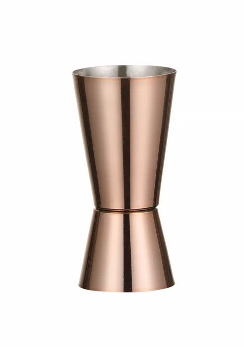 Hendi Bartender Tool Kit Kobber har en dobbeltsidig jigger med en stilig kobberfinish, laget av rustfritt stål - et uunnværlig verktøy for enhver bartender, vist på en vanlig hvit bakgrunn.