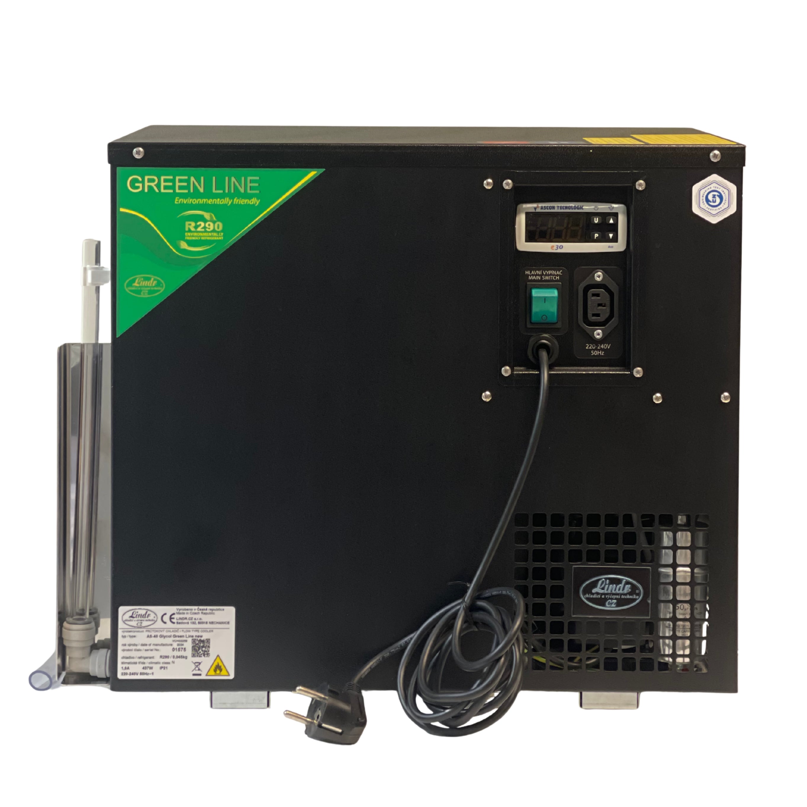 En svart Lindr AS-40 Glycol Green Line glykolkjøler for nedsenkbare pumper, ideell for hjemmebrygging, med strømledning, kontrollpanel og ventilasjonsåpninger, vist fra baksiden.