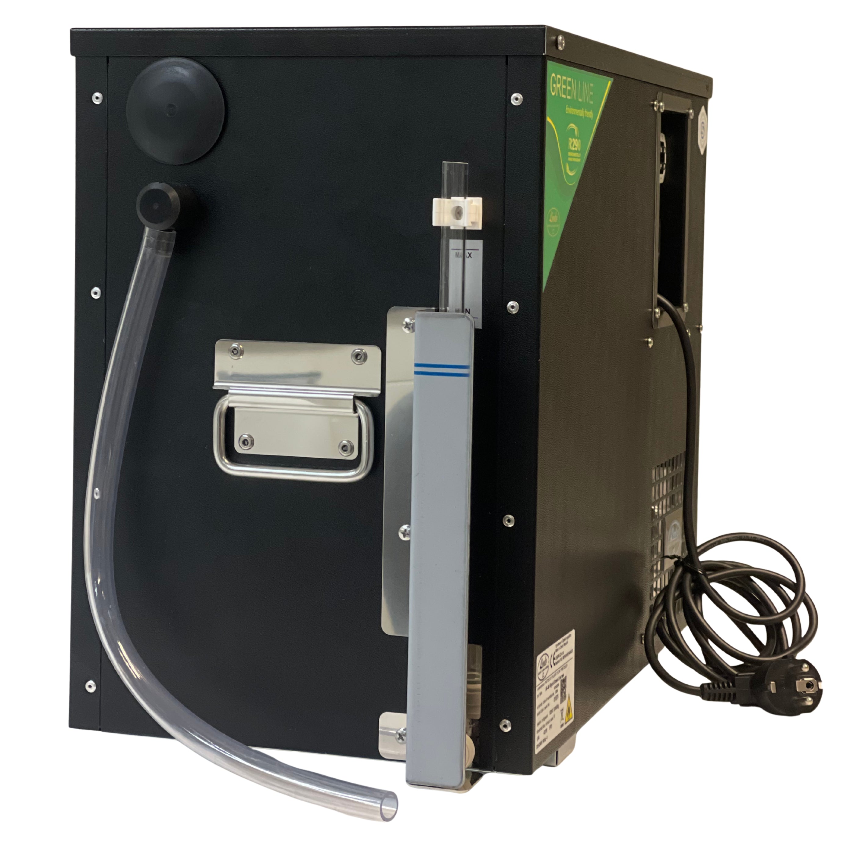 Lindr AS-40 Glycol Green Line fra Lindr er en svart industriglykolkjøler med håndtak, slange, vannivåindikator og strømledning på siden - ideell for temperaturstyring i hjemmebrygging med nedsenkbare pumper.