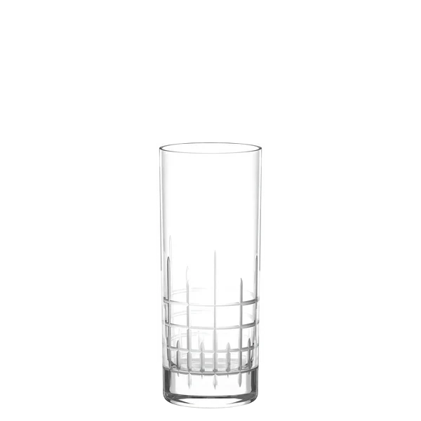 Stölzle Lausits Long Drink Glass MANHATTAN 405 ml, sett med 6 stk. har et geometrisk slipt mønster nær bunnen og er vist tomt mot en vanlig hvit bakgrunn.
