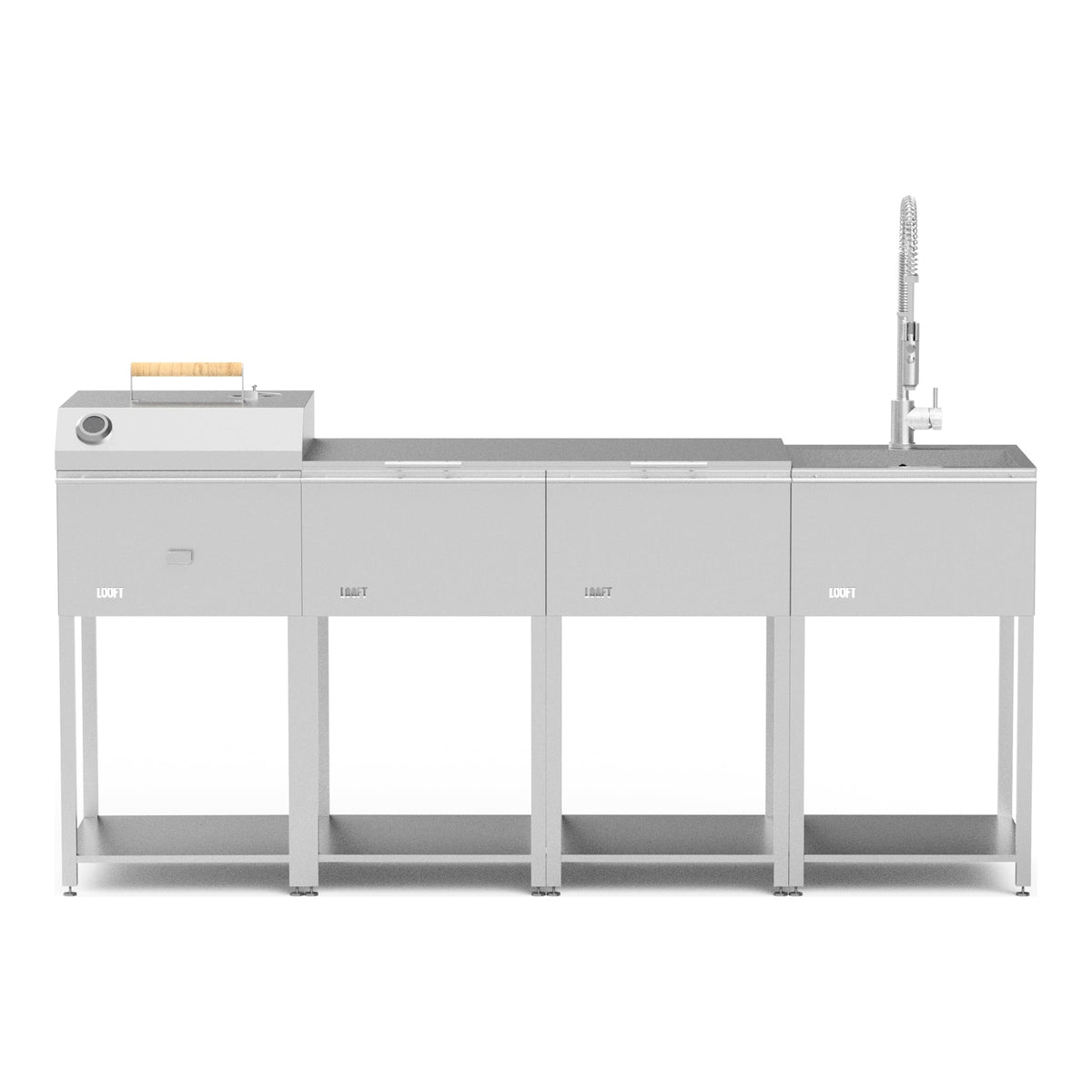 Looft utekjøkken Combination C med kullgrill, to sidebord og vask med kran i rustfritt stål, mot hvit bakgrunn