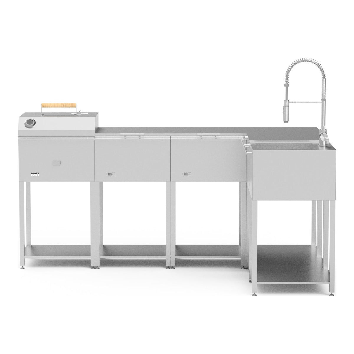 Looft utekjøkken Combination L, L-formet med kullgrill, fire sidebord og vask med kran, mot hvit bakgrunn