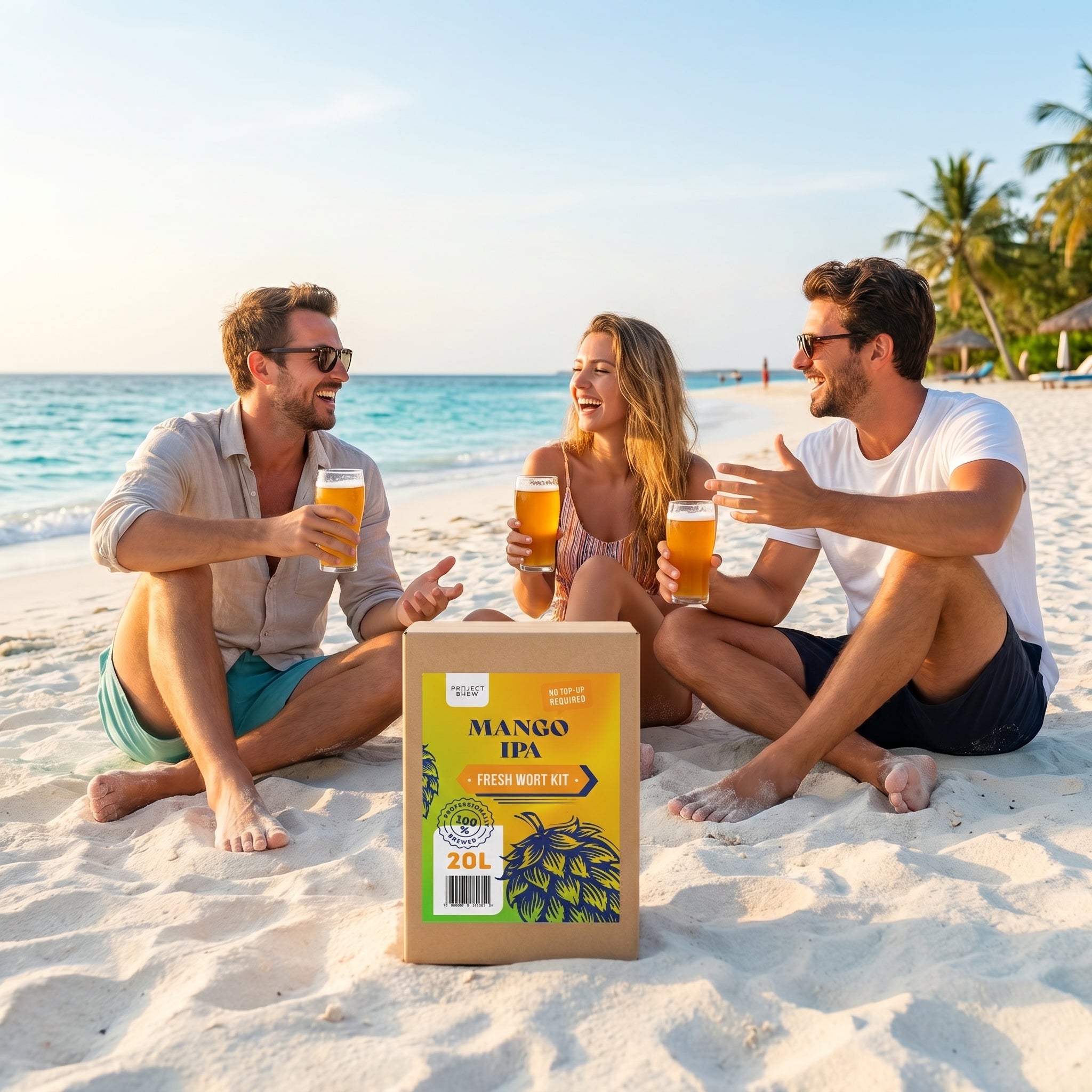 Tre personer sitter på en sandstrand, smilende og med ølglass i hendene, med et Mango IPA - 20L Fresh Wort Kit foran seg. Palmer og havet danner en perfekt tropisk bakgrunn.