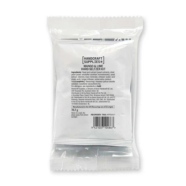 En gjennomsiktig plastpakke merket Handcraft Supplies Mango & Lime Hard Seltzer (Uten sukker) viser ingredienser og instruksjoner på forsiden - ideelt for hjemmebryggingsentusiaster som ønsker en sukkerfri forfriskning.