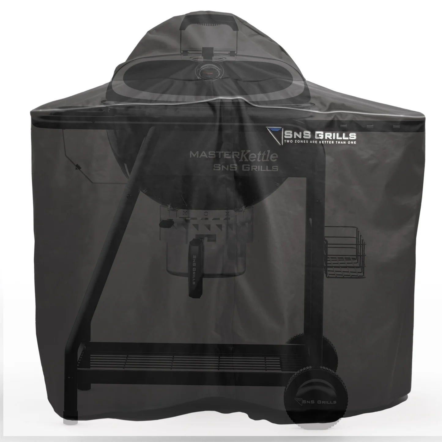En rund kullgrill dekket av BBQ Shop SnS Master Kettle Cover - Grilltrekk, med "SNS Grills Master Kettle" på forsiden og hjul nederst.