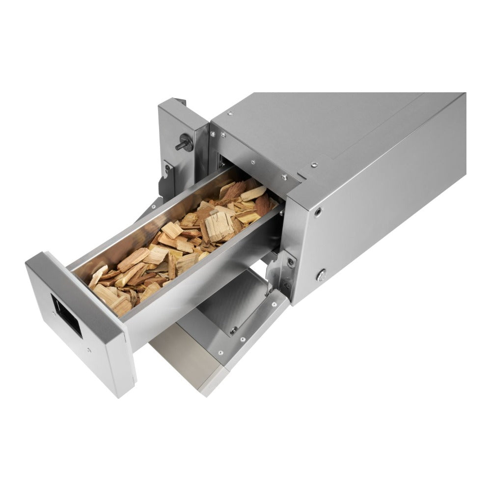 Napoleon GASM002 electric smoker box with the drawer pulled out and filled with wood chips