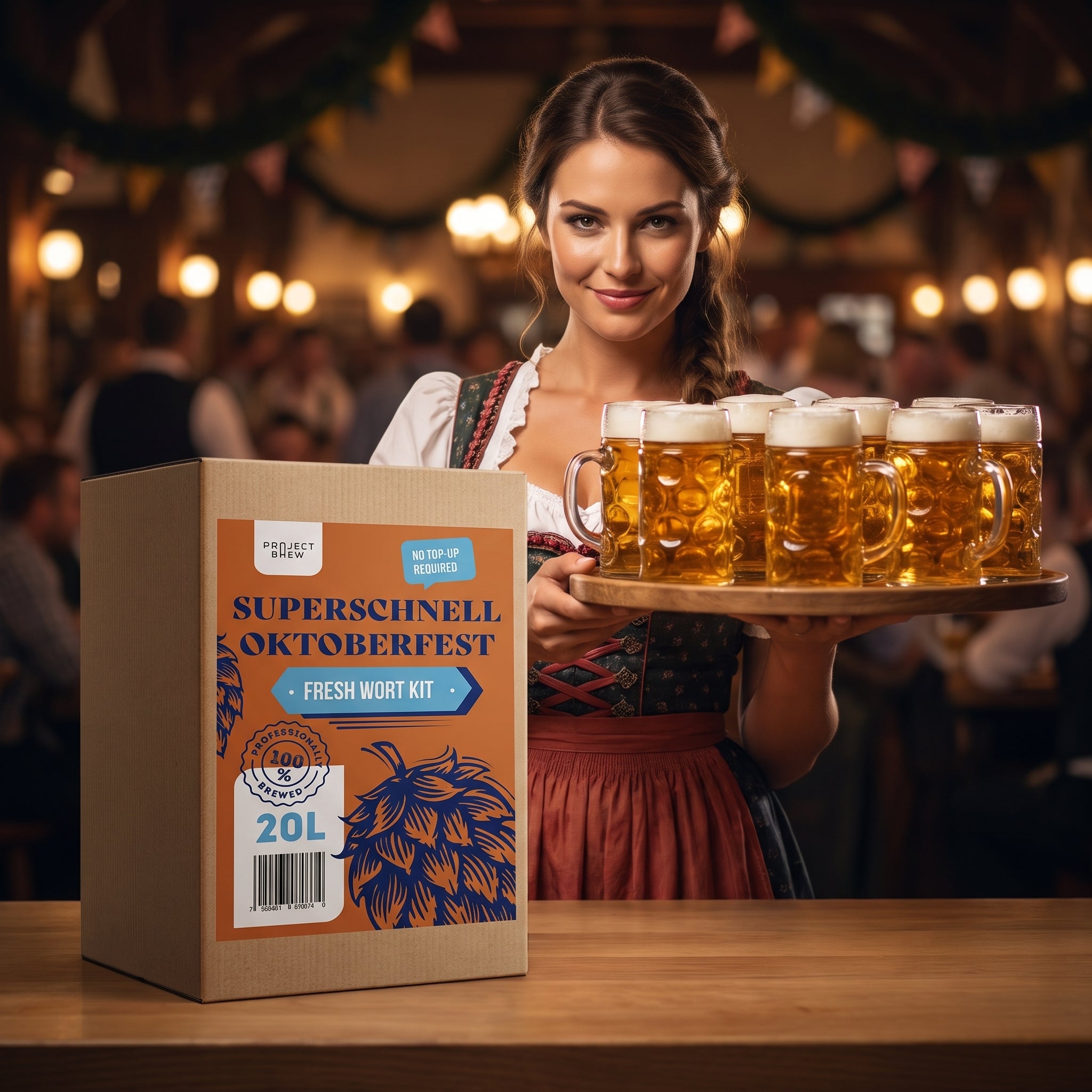 En kvinne i tradisjonell drakt bærer et brett med ølkrus gjennom en festlig sal, mens en iøynefallende eske med «Superschnell Oktoberfest – 20L Fresh Wort Kit» står i forgrunnen og byr på kraftig kveik-smak fra Amundsen Bryggeri til klassiske feiringer.