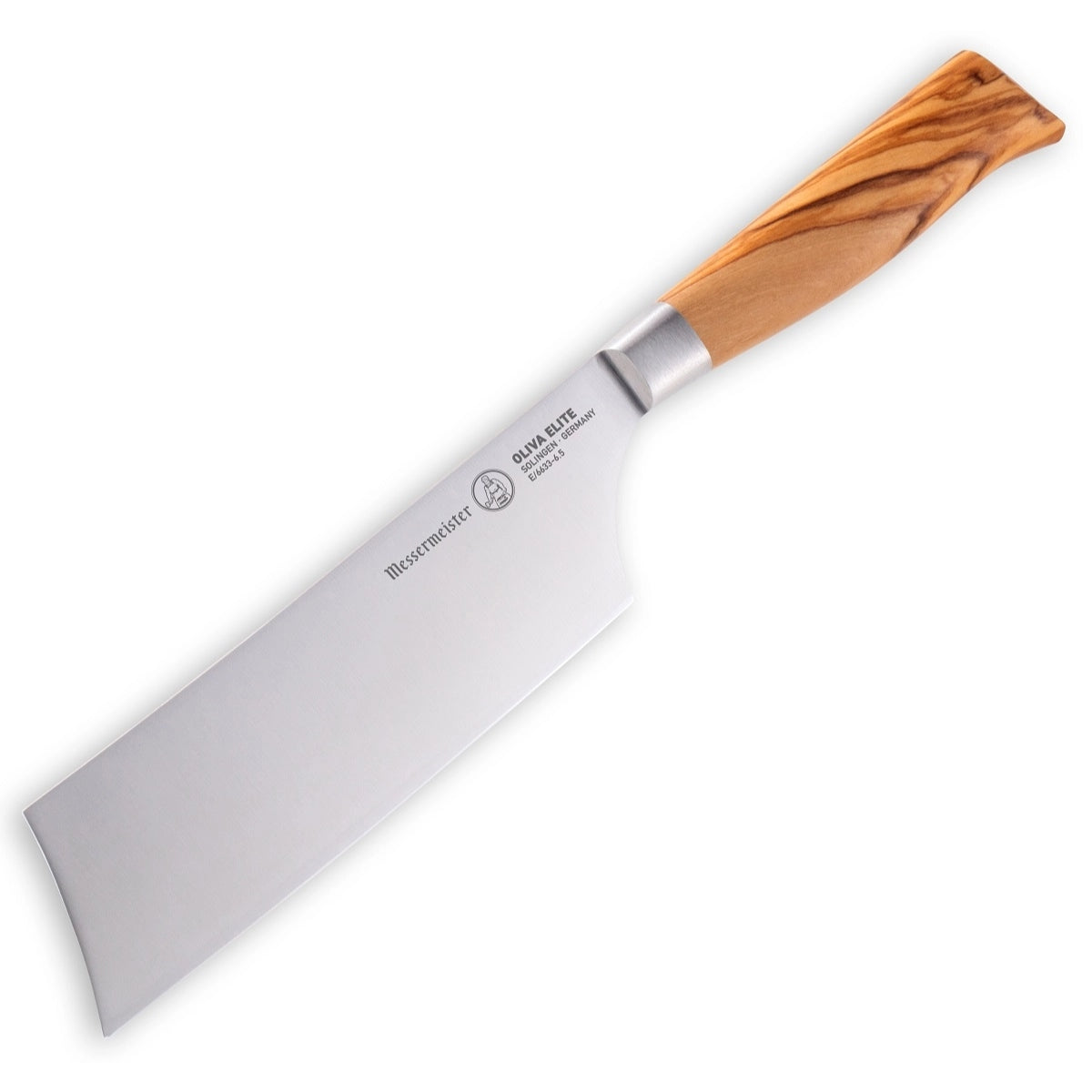 Oliva Elite 16,5 cm Nakiri fra Messermeister har et rektangulært blad i rustfritt stål og et lyst trehåndtak på en hvit bakgrunn.