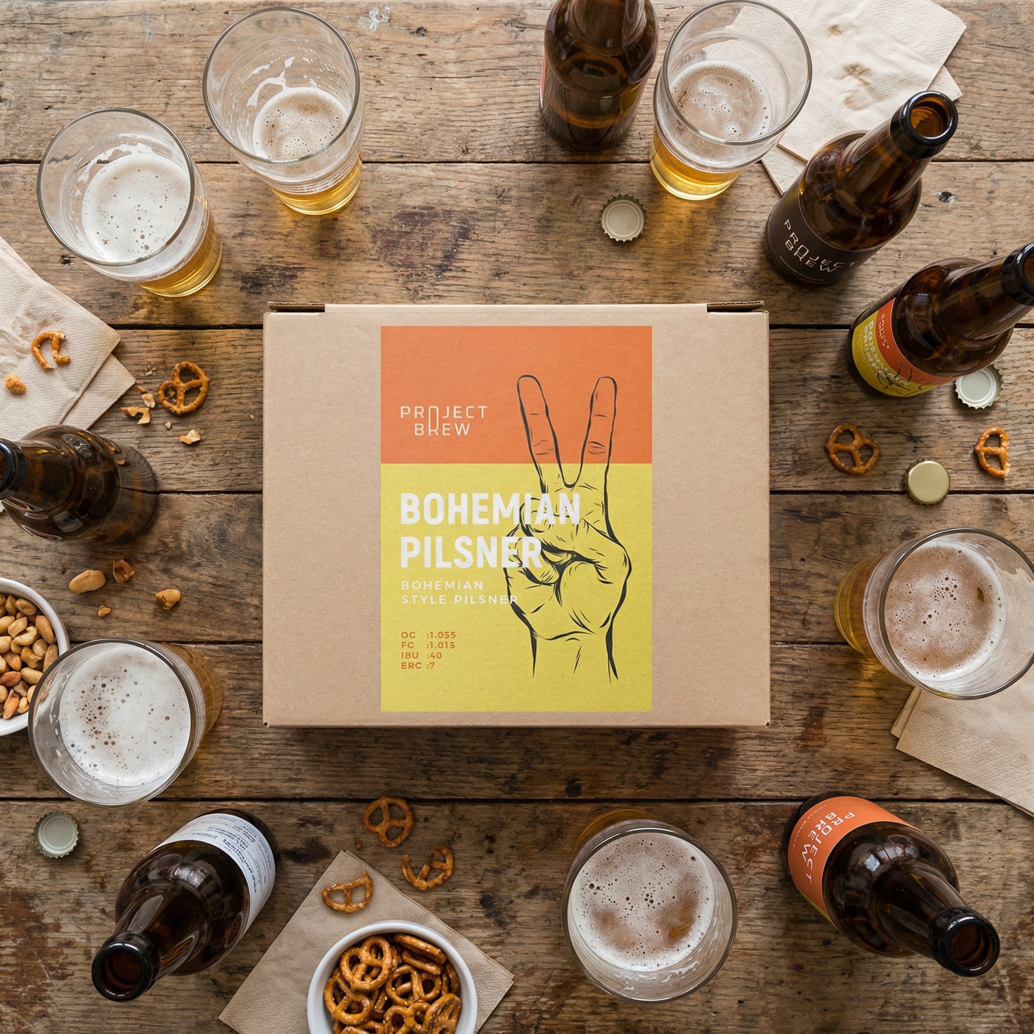 En eske merket "Bohemian Pilsner - allgrain ølsett" fra Project Brew står på et bord omgitt av ølflasker, glass fylt med tsjekkisk pilsner, kringler, peanøtter og flaskekorker.