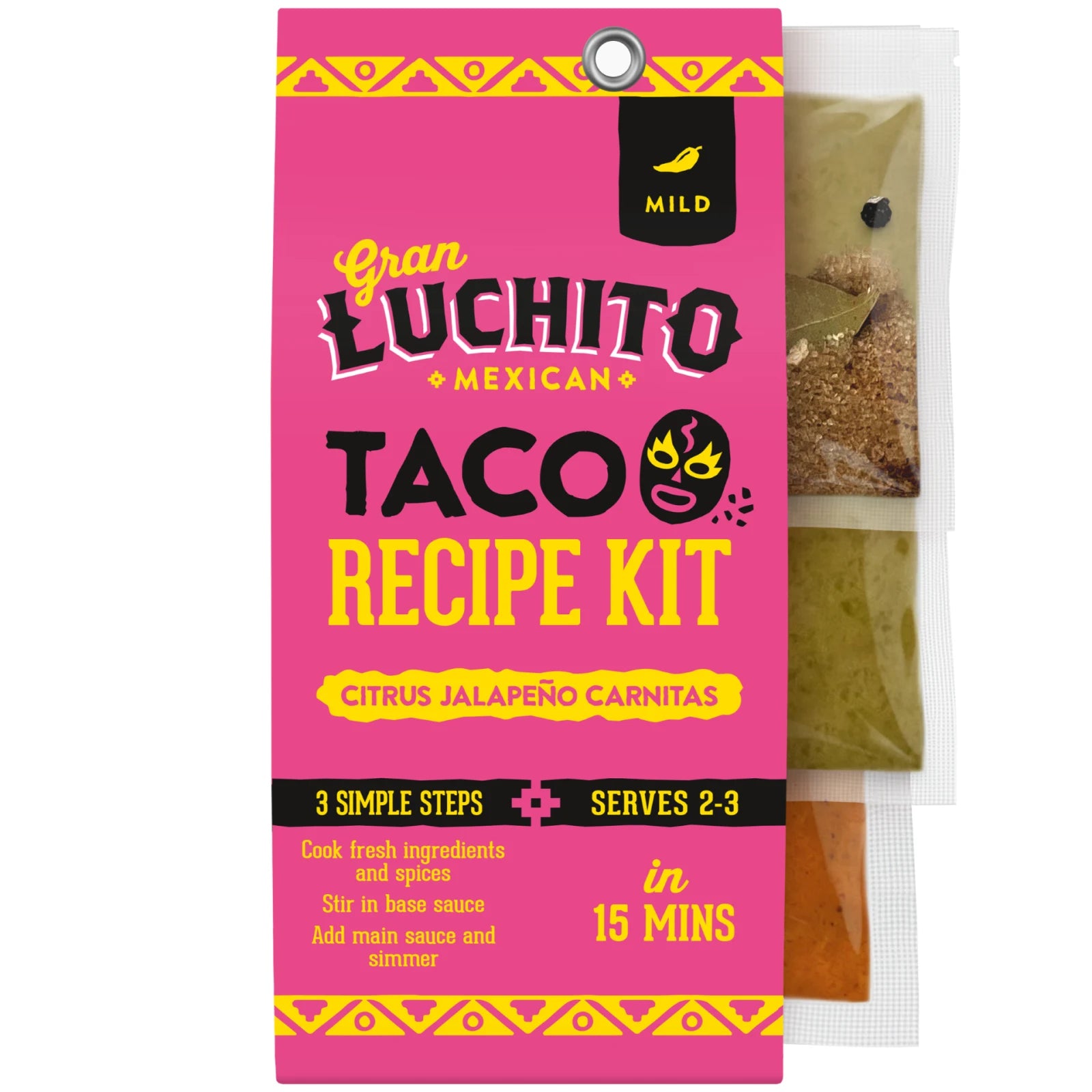 Gran Luchito Carnitas-oppskriftssett på 300 g gir deg en deilig meksikansk taco-opplevelse med sin milde «Citrus Jalapeño Carnitas»-smak. Dette praktiske settet for carnitas med pulled pork inneholder smakfulle sauser i brukervennlige poser, gir mat til 2–3 personer og er klart på bare 15 minutter.