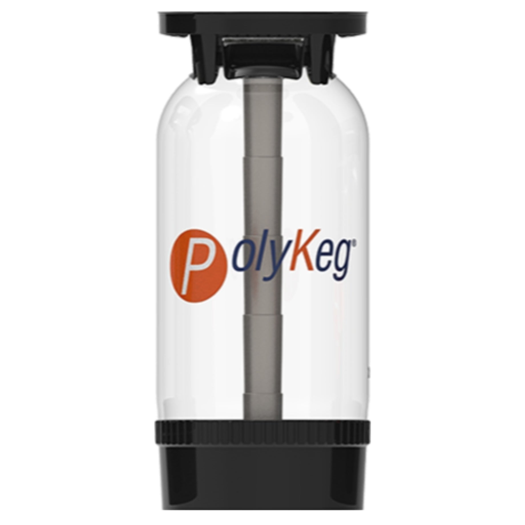 PolyKeg PRO 20L med Bag - K Valve er et gjennomsiktig PET-drikkefat med svart topp og bunn og PolyKeg-logoen. Den er en del av PRO-serien og støtter det innovative BIK-systemet.