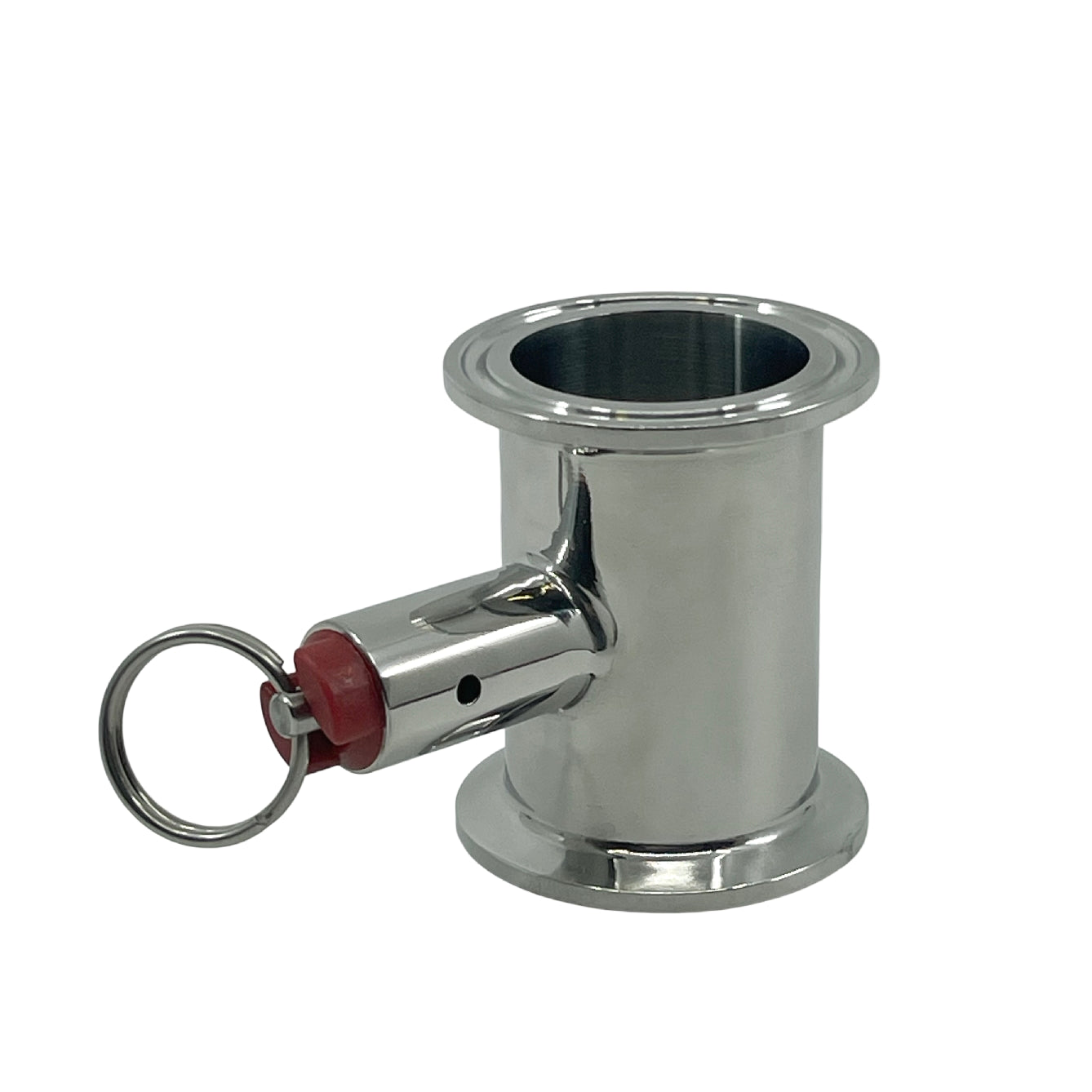 Brewshop 1,5" Tri-Clamp PRV Extension Tube er en sanitærarmatur i rustfritt stål med flens, sidemontert overtrykksventil 2, rød hette, nøkkelring, og er laget av slitesterkt 304 rustfritt stål.