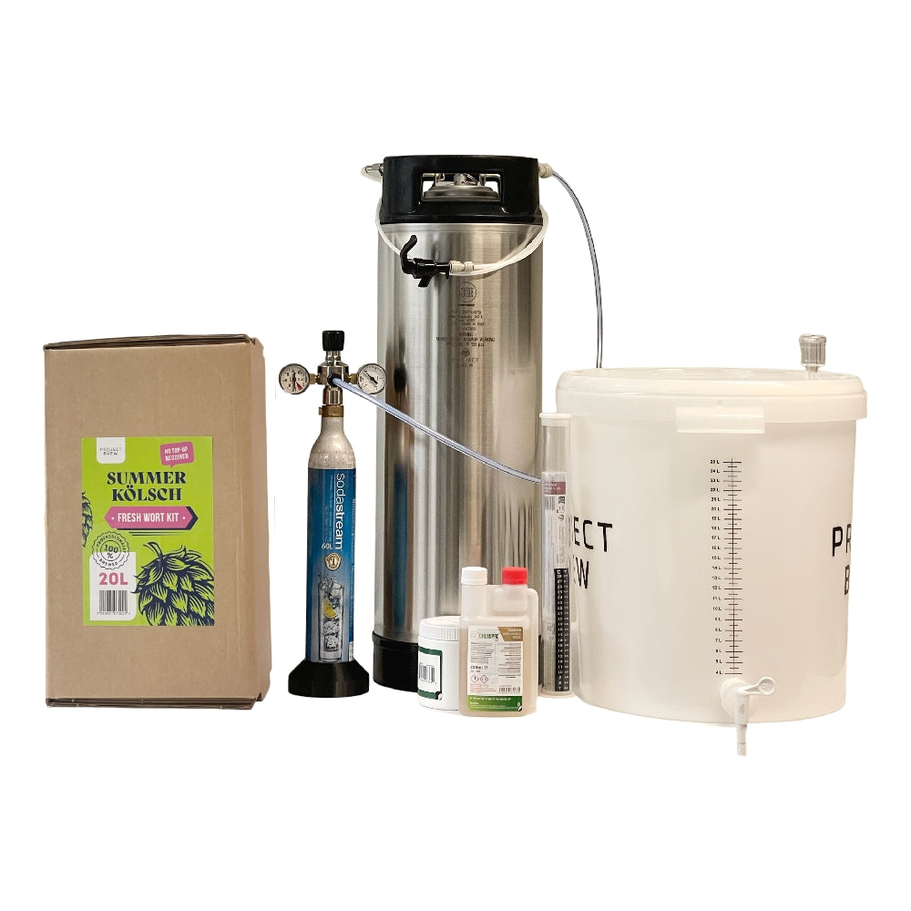 Simply Brew - Komplett startsett med Summer Kölsch 20L Fresh Wort Kit: inkluderer gjæringsbøtte, fat, CO2-beholder, desinfiseringsflasker, slanger og en Fresh Wort Kit-boks - alt for ølbrygging hjemme.