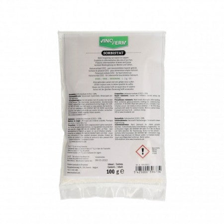 En forseglet 100 g-pakke med Sorbistat (Kaliumsorbat) fra Vinoferm, et gjærstoppende og konserverende middel, med produktinformasjon og sikkerhetssymboler på etiketten.