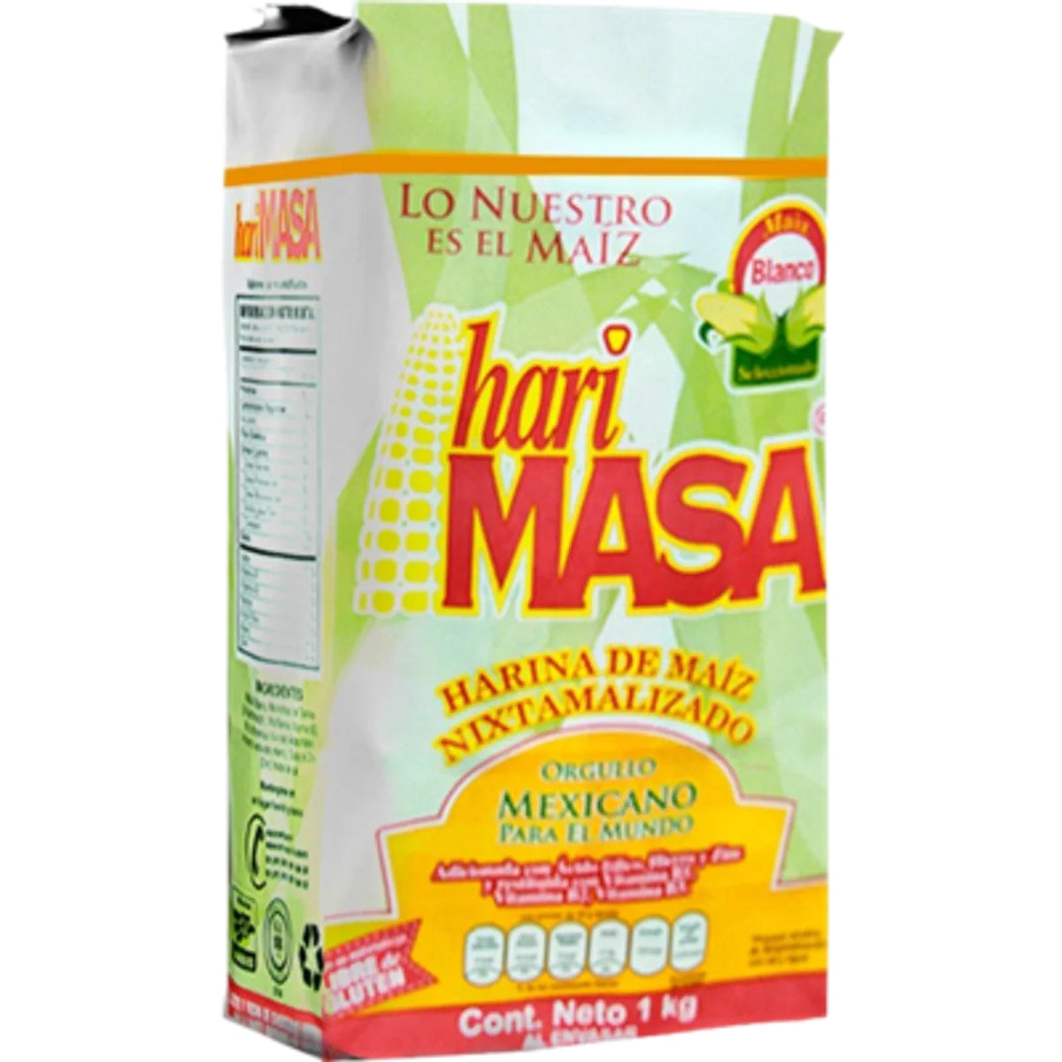 En 1 kg-pakke med HariMasa Maismel, med grønne, gule og røde aksenter med spansk tekst - perfekt for å lage autentiske maistortillas.