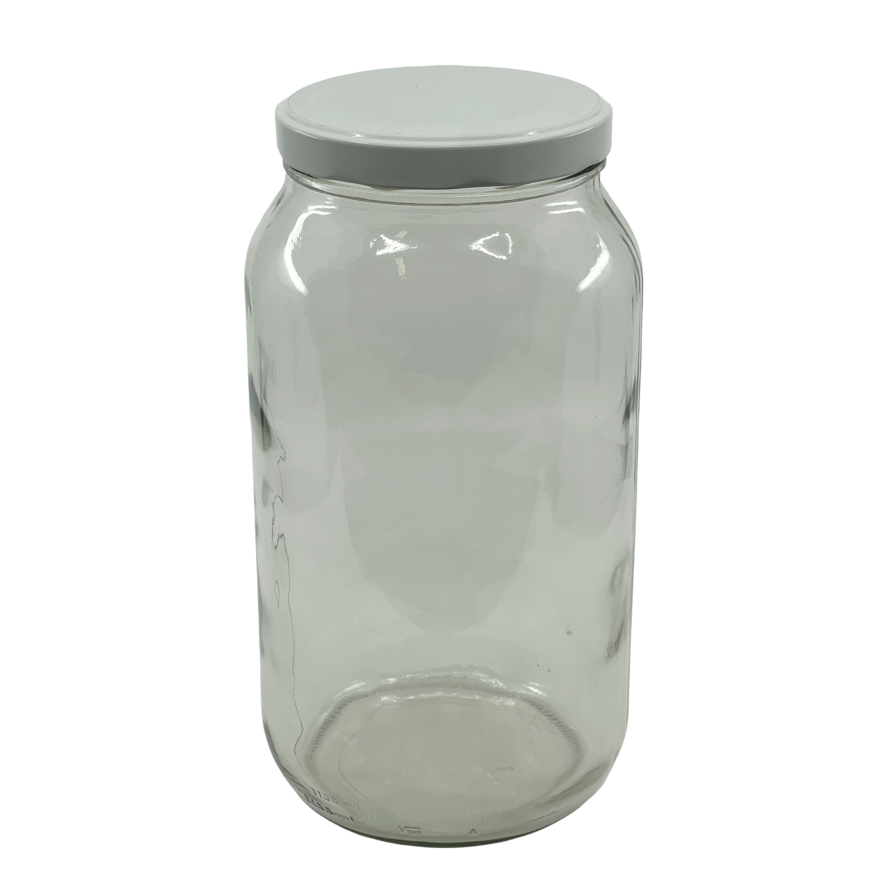 3,1L konserveringsglass - Enolandia er et gjennomsiktig, tomt glass med hvitt metallskrukork, ideelt for fermentering eller matoppbevaring, vist stående mot en vanlig hvit bakgrunn.