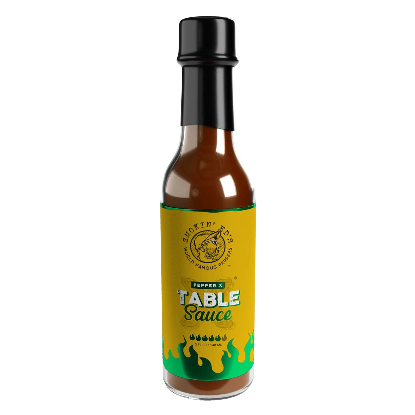 En flaske PuckerButt Pepper Company's Smokin' Ed's Table Sauce - Pepper X, en chilipeppersaus med gul og grønn etikett med svart tekst og grønne flammer - perfekt for fans av sterke sauser.