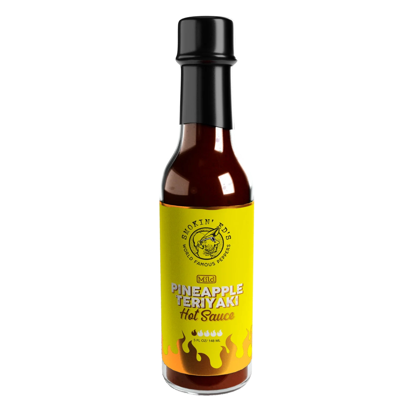 En flaske Smokin´Ed´s Pineapple Teriyaki Hot Sauce - Mild fra PuckerButt Pepper Company, en mild hot saus med gul etikett og svart lokk.