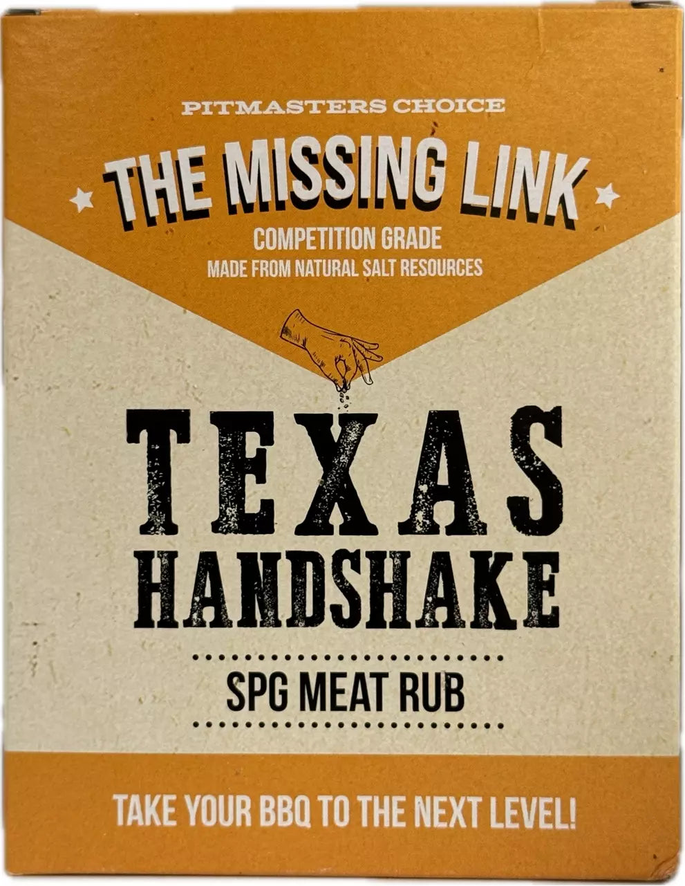 En eske med The Missing Link Texas Handshake SPG Rub fra The Missing Link, med slagordet "Take your BBQ to the next level" - en perfekt blanding av salt, pepper og hvitløk som gir ekte Texas BBQ-smak.
