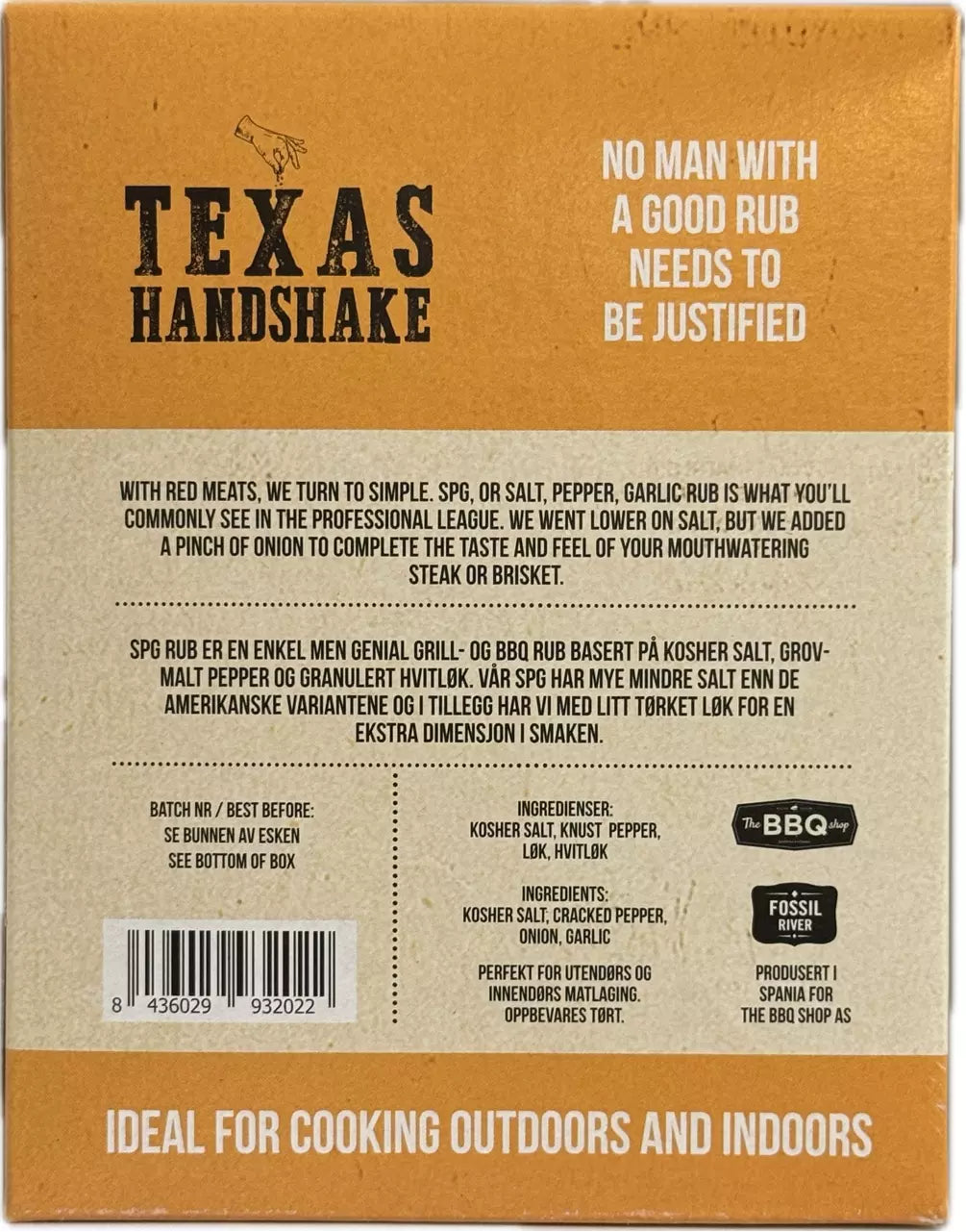 Baksiden av The Missing Link Texas Handshake SPG Rub-esken med produktbeskrivelse, salt, pepper, hvitløk og ingredienser for klassisk SPG-smak, tips om Texas BBQ-matlaging og The Missing Link-skrift med fet skrift.