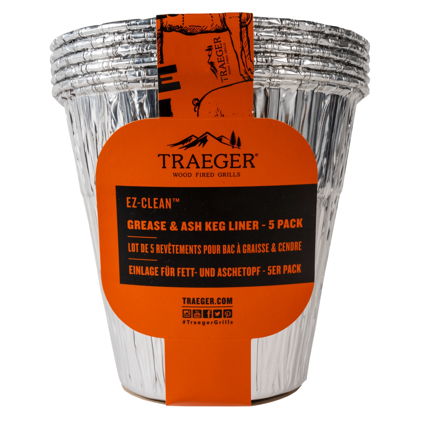 En 5-pakning Traeger EZ-Clean Grease & Ash Keg Liner - fettoppsamler, ideell som Traeger tilbehør, i sølv med oransje Traeger-etikett.