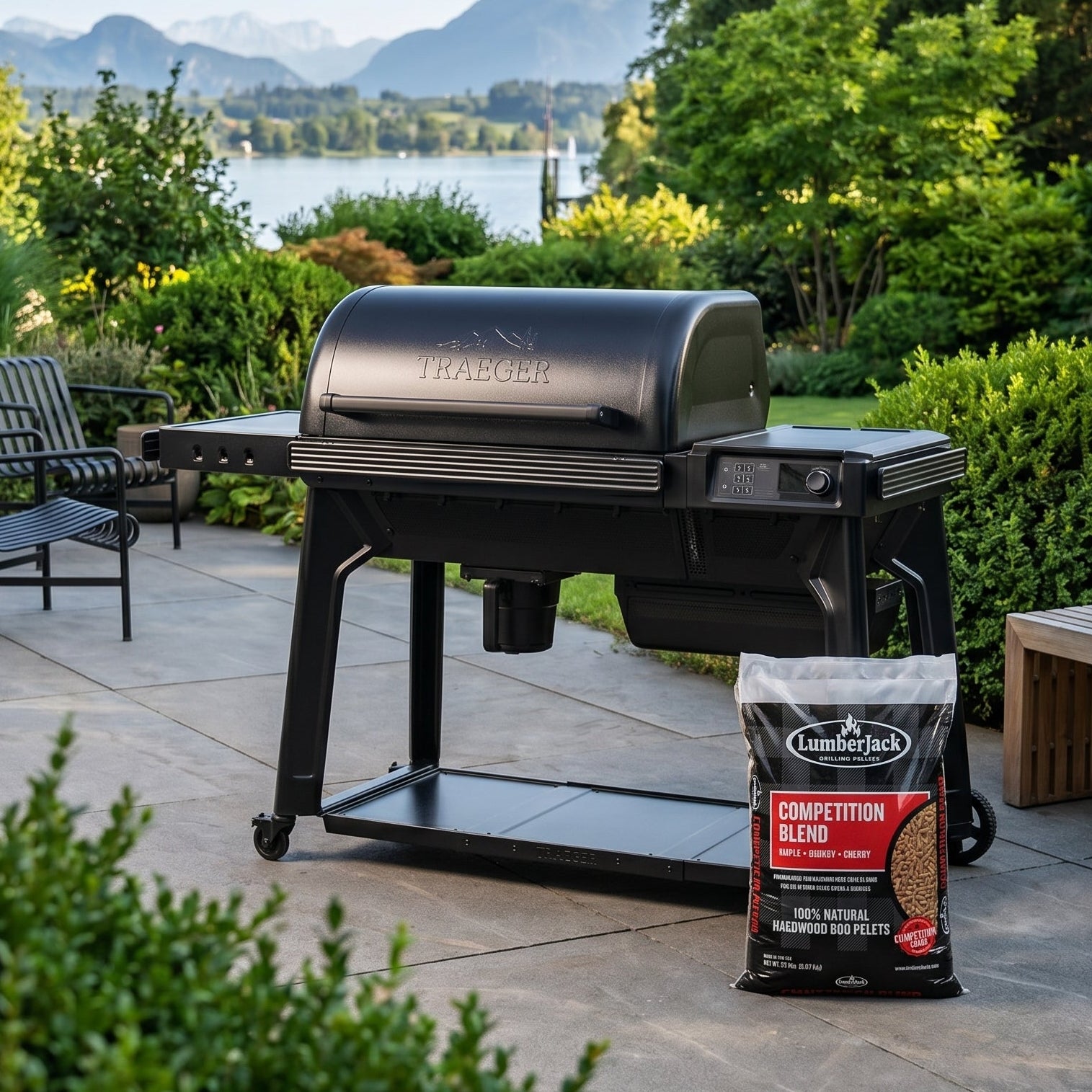 En Traeger Woodridge Pro Smoker Pakketilbud står på terrassen ved siden av Lumber Jack-pellets, innrammet av grønne busker med en innsjø og fjell i bakgrunnen - ideelt for å tilføre maten autentisk røyksmak.