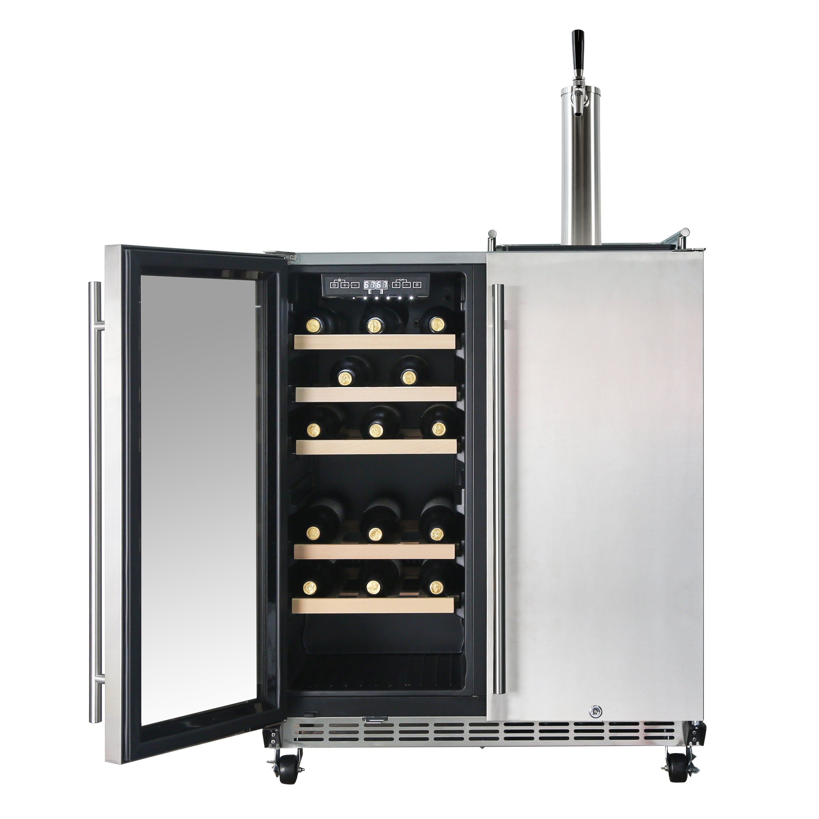 HCK Vinskap & Kegerator med Tappetårn har design i rustfritt stål, åpne hyller for vinflasker og en tappedispenser på toppen - ideelt for ethvert hjemmebaroppsett.