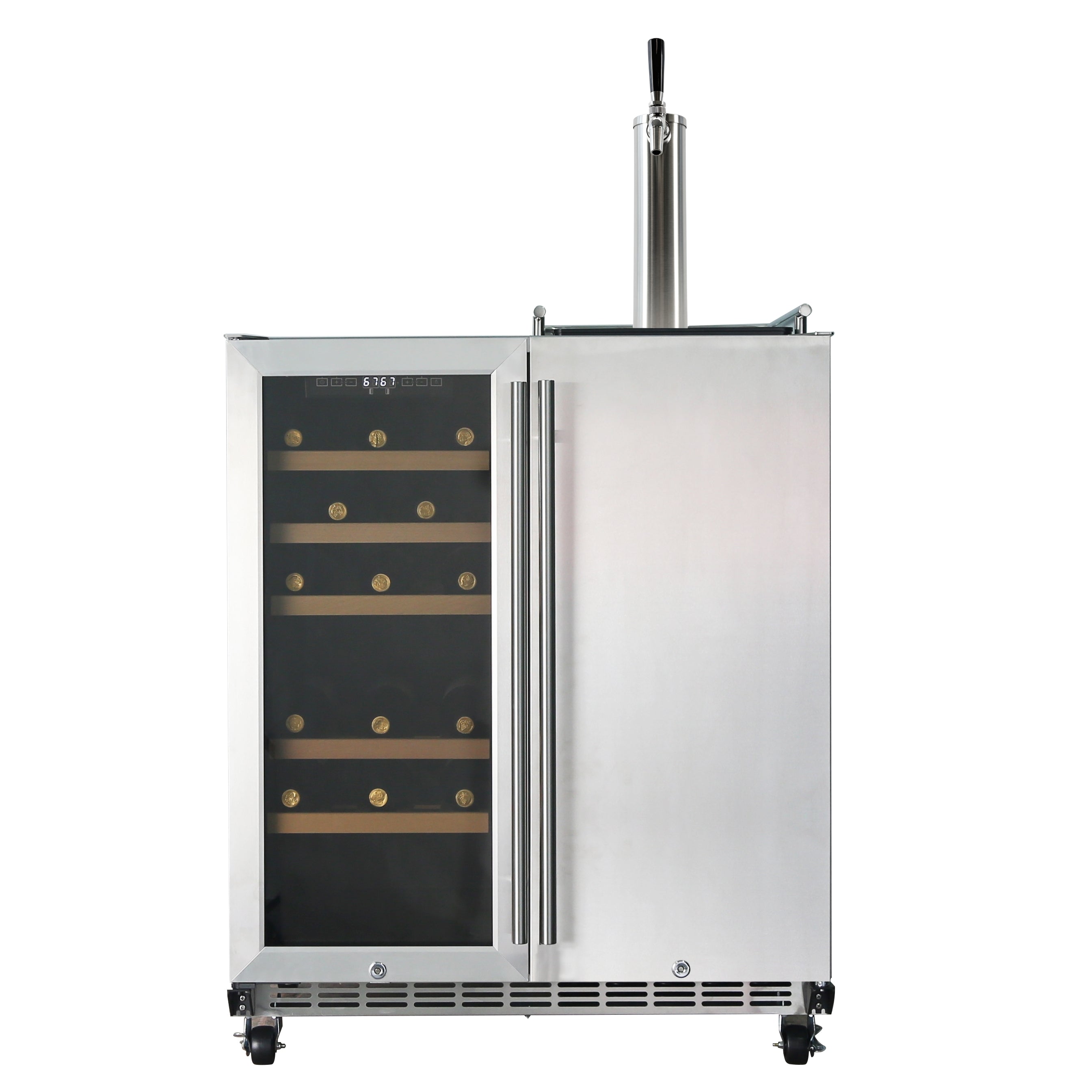 HCK Vinskap & Kegerator med Tappetårn er en elegant enhet i rustfritt stål til hjemmebaren din, med vinskap for vin og tappetårn på venstre side, øltappekran på høyre side, vertikale håndtak og hjul for enkel forflytning.