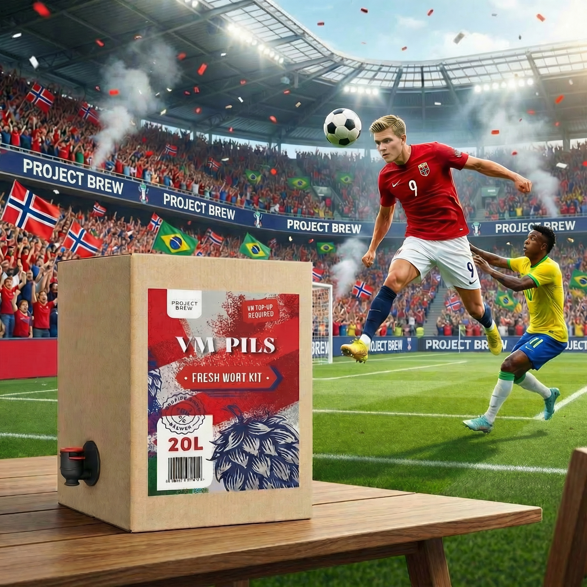 En fotballspiller i rød trøye hopper for å heade en ball på et stadion; VM Pils - 20L Fresh Wort Kit-boksen står i forgrunnen blant jublende fans, viftende flagg og hjemmebryggingens spenning i bakgrunnen.