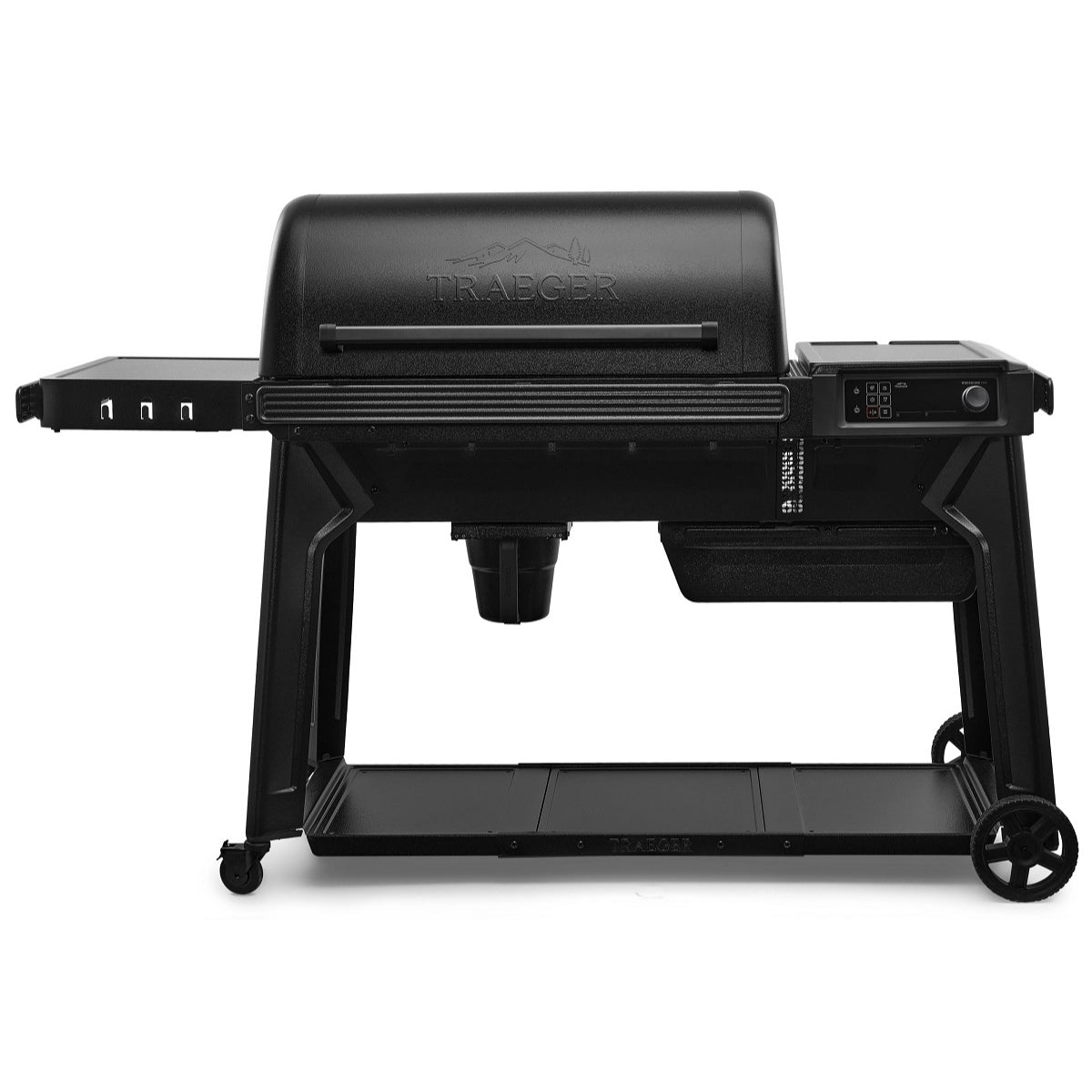 Traeger Woodridge Pro Pelletsgrill i svart har WiFIRE-teknologi, røykovn, digitalt kontrollpanel, sidehylle med kroker og to hjul for mobilitet.