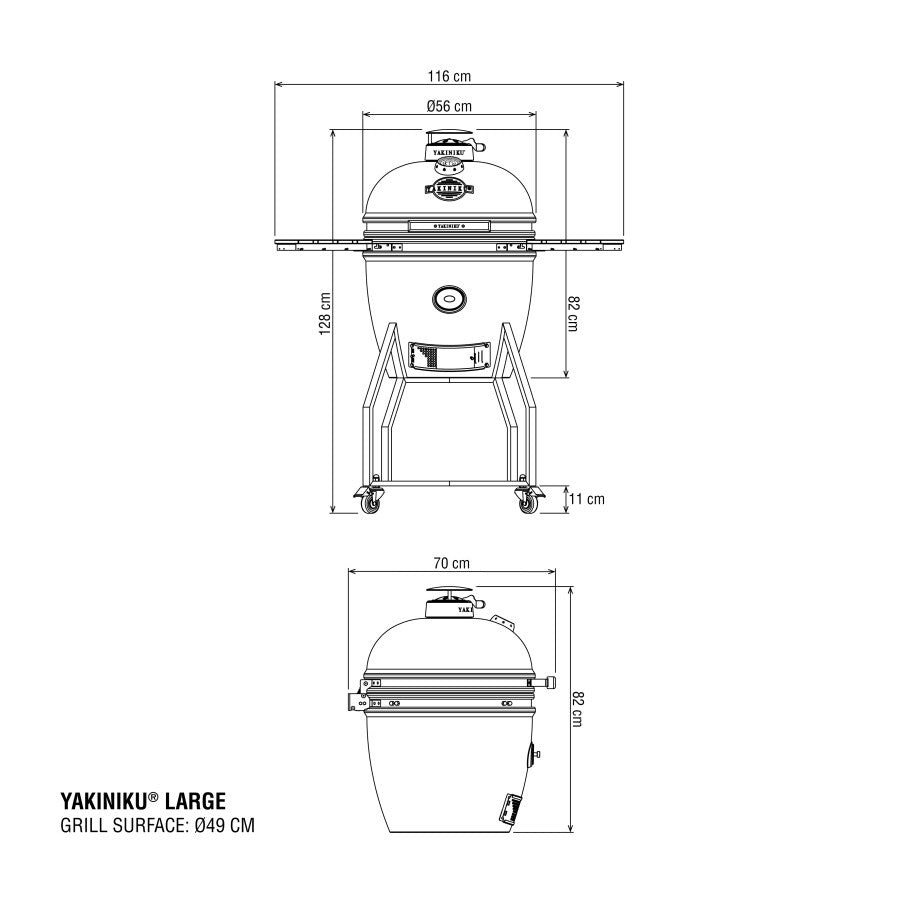 Teknisk tegning av YAKINIKU Kamado Large 49 cm – komplett keramisk grill med angitte mål: 116 cm bred, 70 cm dyp, 122,8 cm høy og en grillflate med en diameter på 49 cm.