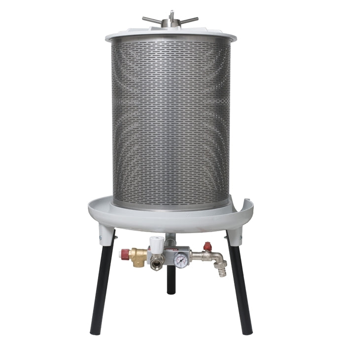 Grifo PEW40 Hydropress 40L er en fruktpresse av rustfritt stål med en 40L perforert trommel, svarte ben, og har trykkmåler og ventil i bunnen.