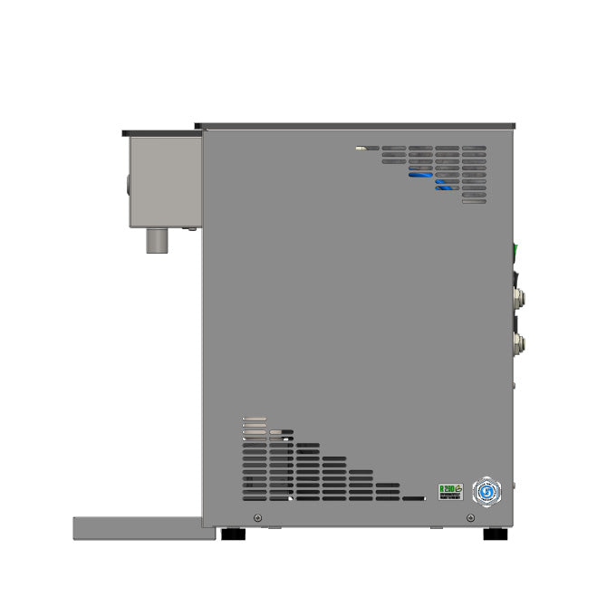 Lindr Soda Exclusive NEW Green Line vanndispenser med kullsyre sett fra siden, med ventilasjonsåpninger, kontrollpanel og venstre tut - ideell for stilfull kullsyreholdig vannservering med avansert Lindr-teknologi.