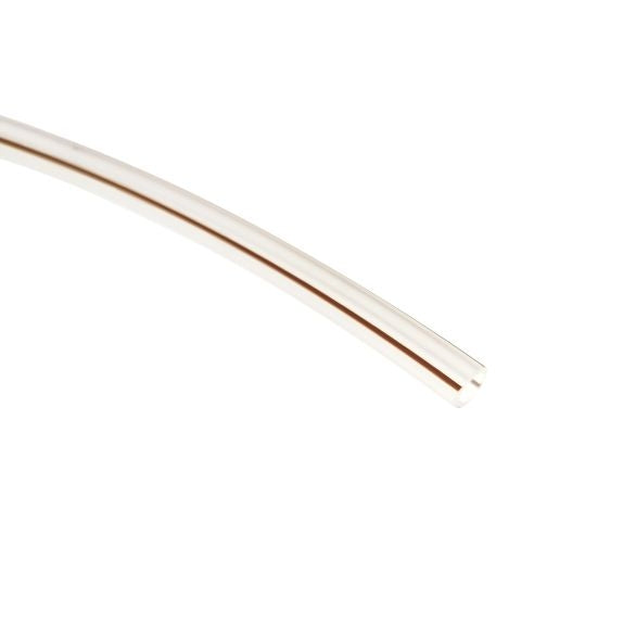 Nærbilde av en Lindr 3/8" LDPE-slange til øl / luft (brun stripet) med hurtigkobling, vist mot en hvit bakgrunn.