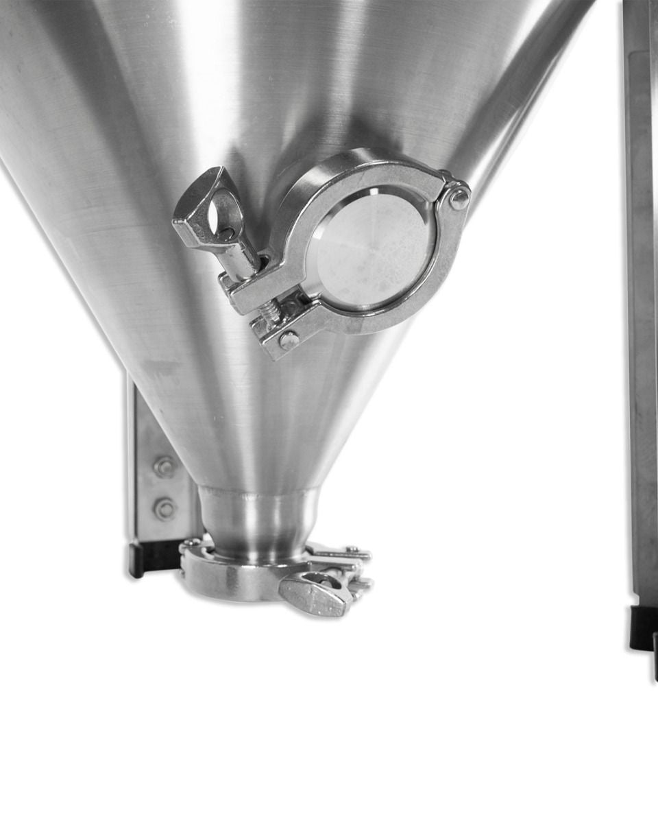 Nærbilde av en Apollo Titan 30L Unitank av rustfritt stål fra Keg King, med klemmebeslag og sirkulært inspeksjonsvindu.