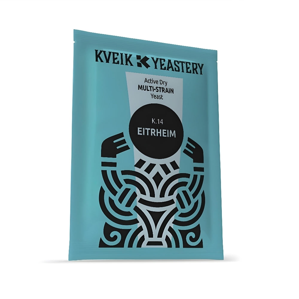 En blå Kveik Yeastery-pakke merket "K.14 Eitrheim Kveik 7g - Original kultur" har et dristig svart geometrisk design og hedrer tradisjonell norsk bryggekultur med autentisk Eitrheim kveik flerstammet gjær.