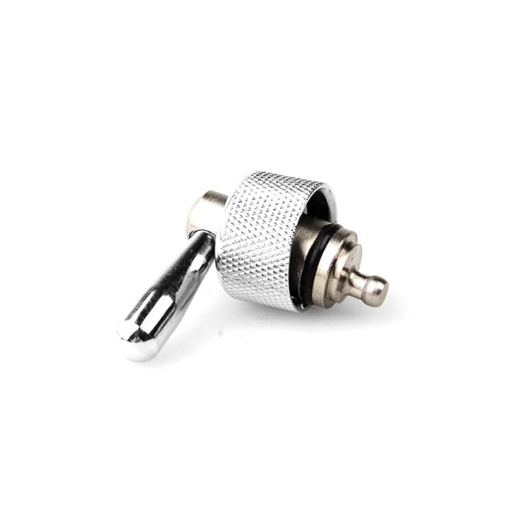 Nærbilde av Lindr Tap Compensator Set - reparasjonskit fra Lindr, med en metallisk hurtigutløsende ventiladapter med riflet grep og spakhåndtak, isolert på en hvit bakgrunn.