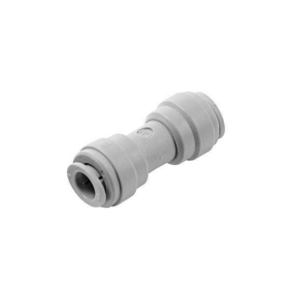 Dmfit Union Connector Hurtigkobling 3/8" - 5/16" er en grå, rett rørkobling med to åpninger, ideell for sammenføyning av rør eller slanger, og er næringsmiddelgodkjent for sikker bruk i næringsmiddelrelaterte applikasjoner.