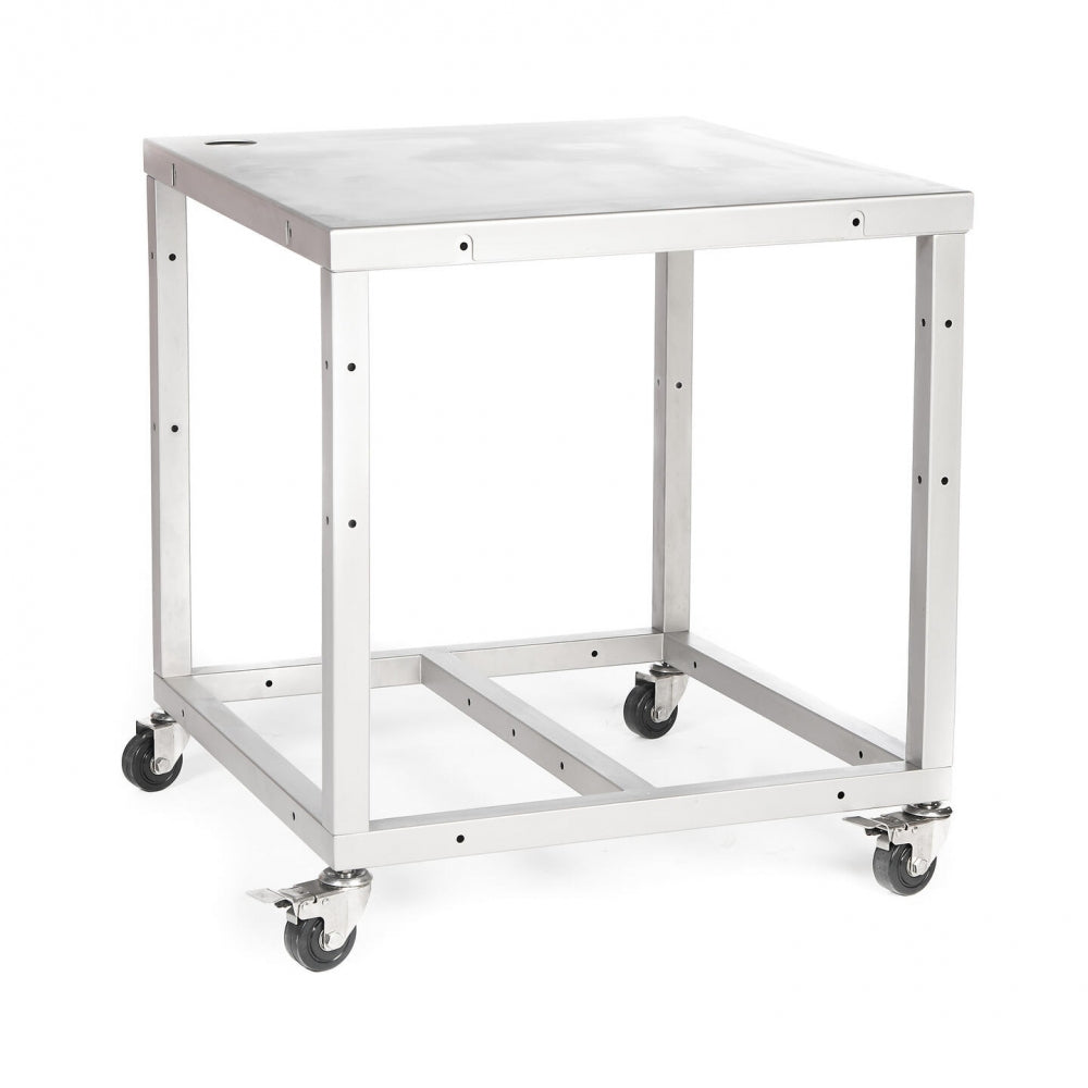 Brewtools Troll Bryggebord - Høy modell (89 cm) er et bord i rustfritt stål på fire hjul, vist mot en hvit bakgrunn - et førsteklasses tillegg til ethvert Brewtools bryggebordsystem.