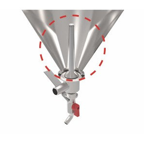 Nærbilde av Grainfather Conical Fermenter Dual Valve 160mm Liquid Inlet, med en trakt i rustfritt stål med et sentralt vertikalt rør og bunnventil, markert med en rød stiplet sirkel.