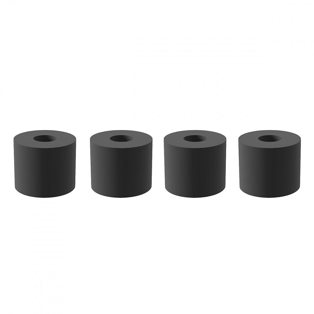 Fire svarte, sylindriske Brewtools Troll Spacers for gjæringstank (4-pakning, nylon) med hull i midten er plassert på rekke og rad på en hvit bakgrunn, ideelt for oppsettet av Brewtools gjæringstanker.