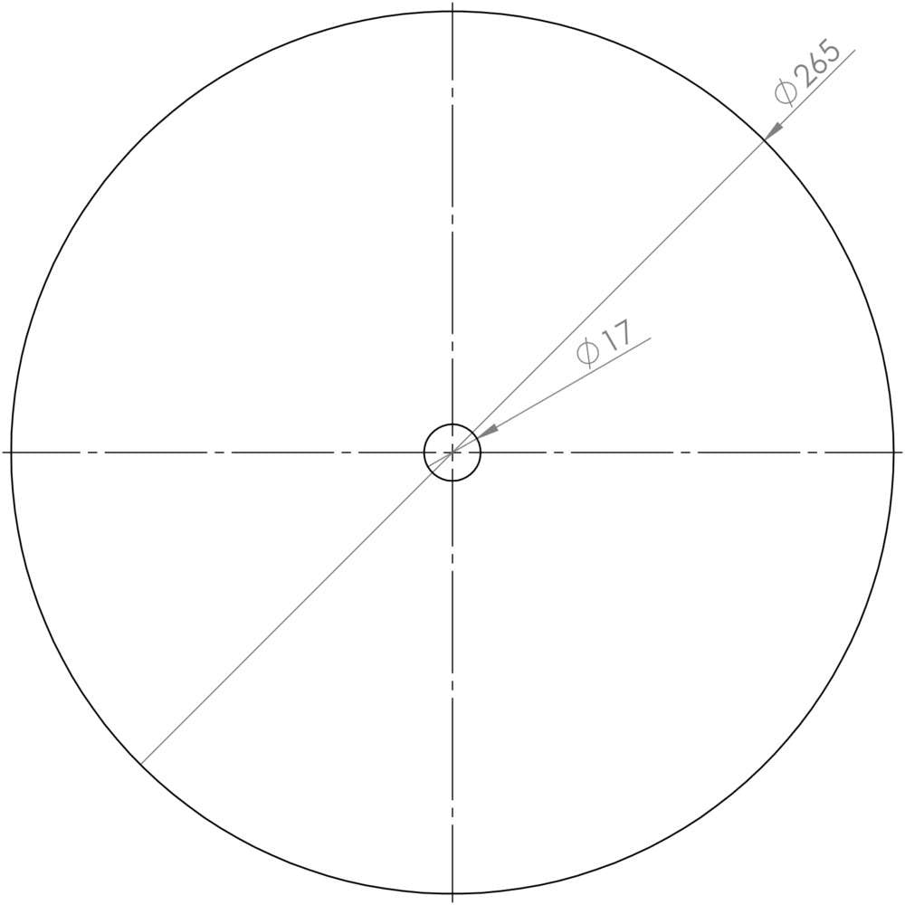 Teknisk tegning av en Large Mesh Filter Disc for Speidel BM20 (265 mm diameter, 17 mm senterhull) fra BacBrewing, med stiplede midtlinjer; laget av 304 rustfritt stål.